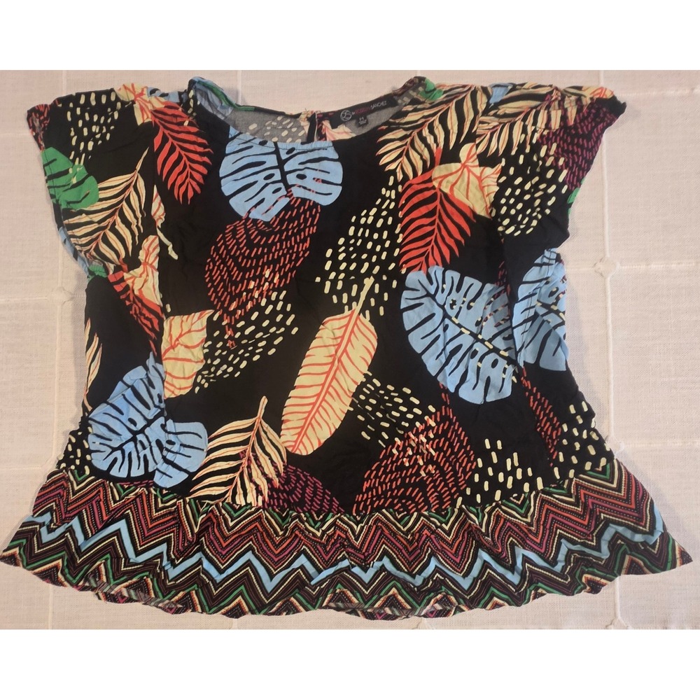 RS by Roselyn Sanchez Tropical Leaf Chevron Peplum Blouse Black Multi Medium